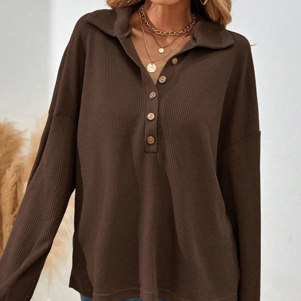 Brown Casual Women's Drop Shoulder Long Sleeve Button Half Placket Loose T-Shirt - Picture 5 of 7